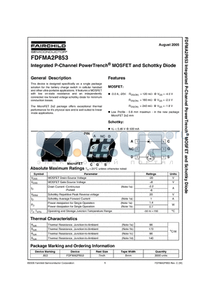 FDFMA2P853 datasheet - Integrated P-Channel PowerTrench MOSFET and Schottky Diode