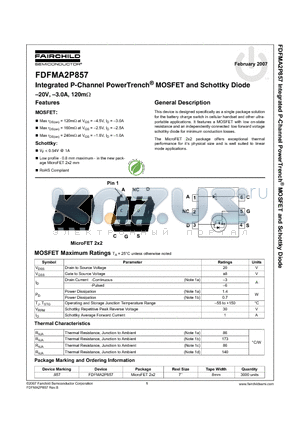 FDFMA2P857 datasheet - Integrated P-Channel PowerTrench MOSFET and Schottky Diode -20V, -3.0A, 120mohm