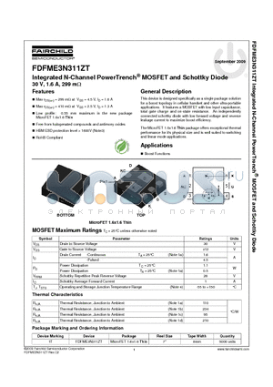 FDFME3N311ZT datasheet - Integrated N-Channel PowerTrench^ MOSFET and Schottky Diode 30 V, 1.6 A, 299 mY