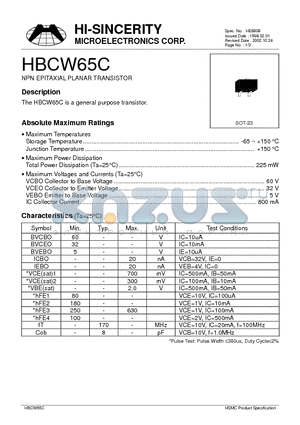 HBCW65C datasheet - NPN EPITAXIAL PLANAR TRANSISTOR