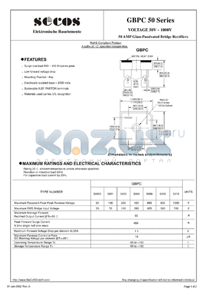 GBPC5010 datasheet - 50 AMP Glass Passivated Bridge Rectifiers