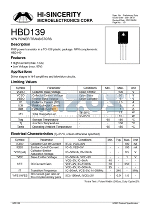 HBD139 datasheet - NPN POWER TRANSISTORS