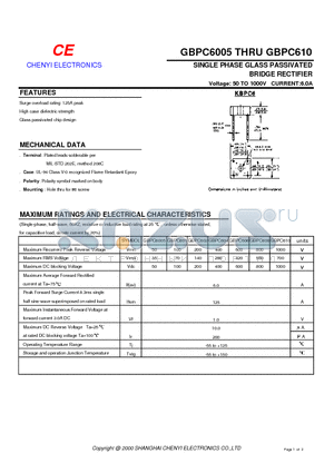 GBPC6005 datasheet - SINGLE PHASE GLASS PASSIVATED BRIDGE RECTIFIER