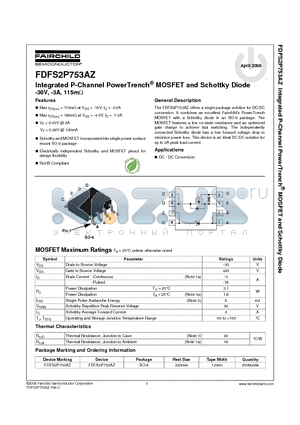 FDFS2P753AZ datasheet - Integrated P-Channel PowerTrench^ MOSFET and Schottky Diode -30V, -3A, 115mY