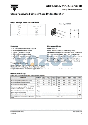 GBPC6005 datasheet - Glass Passivated Single-Phase Bridge Rectifier