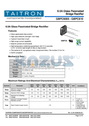 GBPC6005 datasheet - 6.0A Glass Passivated Bridge Rectifier