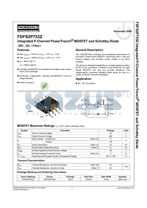 FDFS2P753Z datasheet - Integrated P-Channel PowerTrench^ MOSFET and Schottky Diode