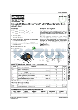 FDFS6N754 datasheet - Integrated N-Channel PowerTrench MOSFET and Schottky Diode 30V, 4A, 56mOHM