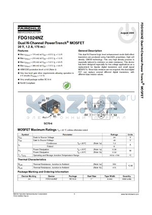 FDG1024NZ datasheet - Dual N-Channel PowerTrench^ MOSFET 20 V, 1.2 A, 175 mY