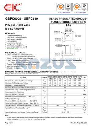 GBPC602 datasheet - GLASS PASSIVATED SINGLE