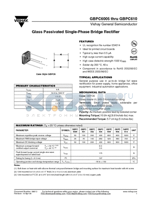 GBPC601 datasheet - Glass Passivated Single-Phase Bridge Rectifier