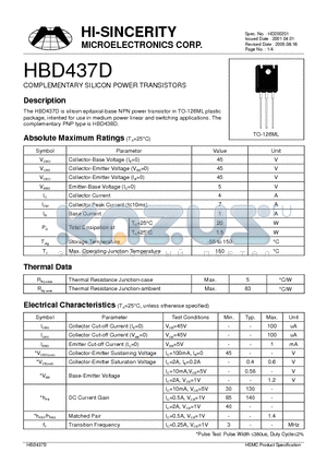 HBD437D datasheet - COMPLEMENTARY SILICON POWER TRANSISTORS