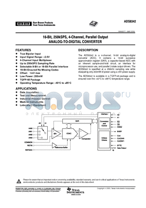 ADS8342IBPFBR datasheet - 16 BIT 250KSPS4 CHANNEL PARALLEL OUTPUT ANALOG TO DIGITAL CONVERTER