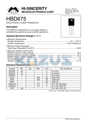 HBD675 datasheet - NPN EPITAXIAL PLANAR TRANSISTOR