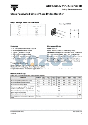 GBPC606 datasheet - Glass Passivated Single-Phase Bridge Rectifier
