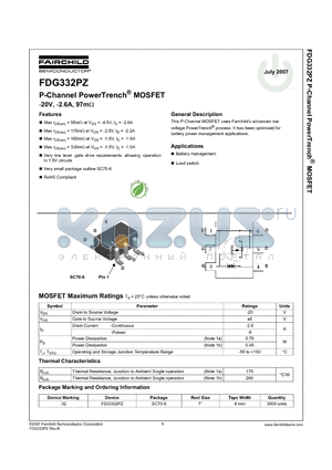 FDG332PZ datasheet - P-Channel PowerTrench^ MOSFET -20V, -2.6A, 97mY