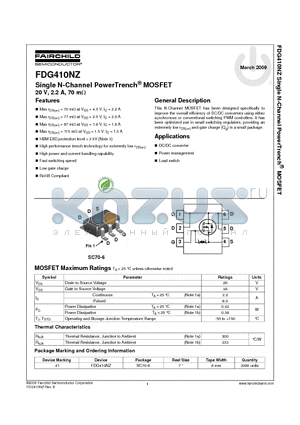 FDG410NZ datasheet - Single N-Channel PowerTrench^ MOSFET 20 V, 2.2 A, 70 mY