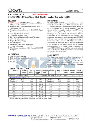 GBS-72120-C310G datasheet - 5V / CWDM / 1.25 Gbps Single-Mode Gigabit Interface Converter (GBIC)