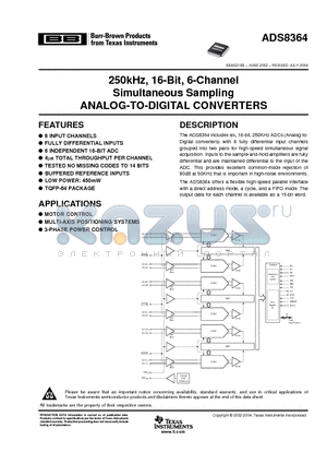 ADS8364Y/2K datasheet - 250kHz, 16-Bit, 6-Channel Simultaneous Sampling ANALOG-TO-DIGITAL CONVERTERS
