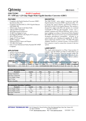 GBS-72120G datasheet - 5V / 1550 nm / 1.25 Gbps Single-Mode Gigabit Interface Converter (GBIC)