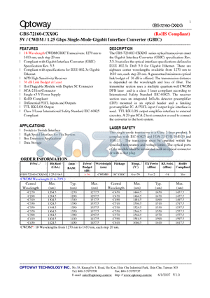 GBS-72160-CXX0G datasheet - 5V / CWDM / 1.25 Gbps Single-Mode Gigabit Interface Converter (GBIC)