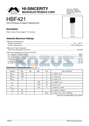 HBF421 datasheet - PNP EPITAXIAL PLANAR TRANSISTOR