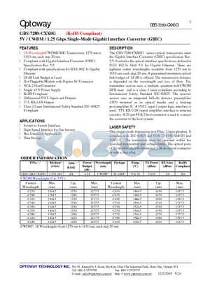 GBS-7280-C350G datasheet - 5V / CWDM / 1.25 Gbps Single-Mode Gigabit Interface Converter (GBIC)