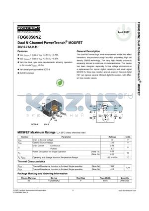 FDG8850NZ datasheet - Dual N-Channel PowerTrench^ MOSFET