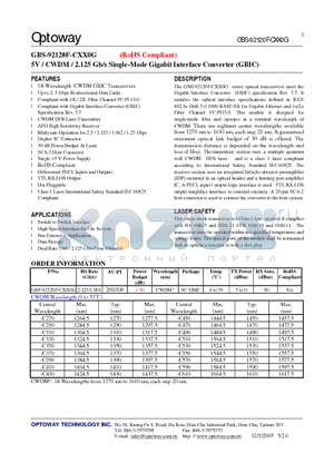 GBS-92120F-CXX0G datasheet - 5V / CWDM / 2.125 Gb/s Single-Mode Gigabit Interface Converter (GBIC)