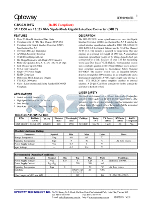 GBS-92120F datasheet - 5V / 1550 nm / 2.125 Gb/s Signle-Mode Gigabit Interface Converter (GBIC)