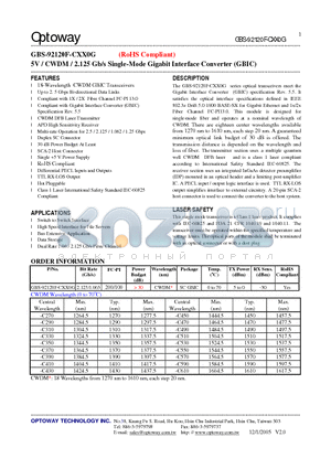 GBS-92120F-C270G datasheet - 5V / CWDM / 2.125 Gb/s Single-Mode Gigabit Interface Converter (GBIC)