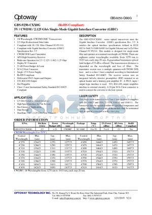 GBS-9250-C430G datasheet - 5V / CWDM / 2.125 Gb/s Single-Mode Gigabit Interface Converter (GBIC)