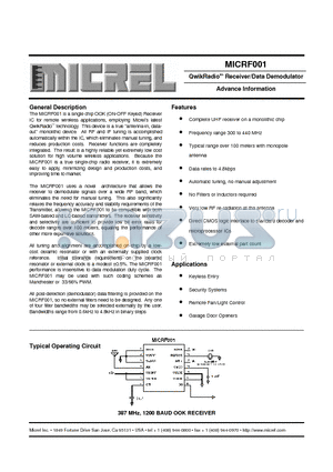 MICRF001 datasheet - QwikRadiotm Receiver/Data Demodulator Advance Information