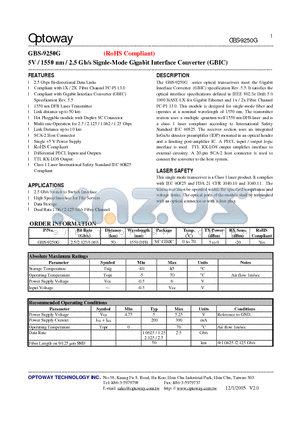 GBS-9250G datasheet - 5V / 1550 nm / 2.5 Gb/s Signle-Mode Gigabit Interface Converter (GBIC)