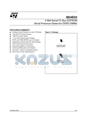 M34E02-FDW1TP datasheet - 2 Kbit Serial IC Bus EEPROM Serial Presence Detect for DDR2 DIMMs