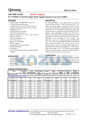 GBS-9280-C350 datasheet - 5V / CWDM / 2.125 Gb/s Single-Mode Gigabit Interface Converter (GBIC)