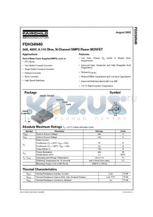 FDH34N40 datasheet - 34A, 400V, 0.115 Ohm, N-Channel SMPS Power MOSFET