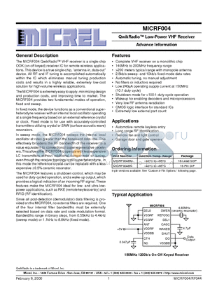 MICRF004 datasheet - QwikRadio Low-Power VHF Receiver Advance Information