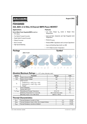 FDH44N50 datasheet - 44A, 500V, 0.12 Ohm, N-Channel SMPS Power MOSFET