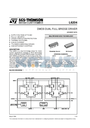 L6204 datasheet - DMOS DUAL FULL BRIDGE DRIVER