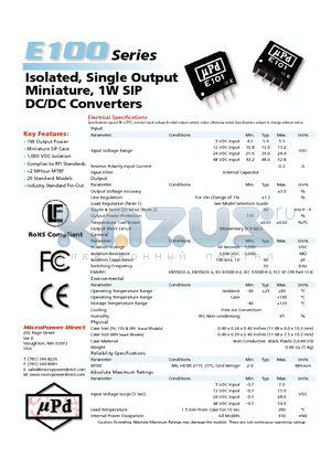 E102 datasheet - Isolated, Single Output Miniature, 1W SIP DC/DC Converters