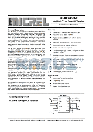 MICRF022BN datasheet - QwikRadiotm Low Power UHF Receiver Preliminary Information