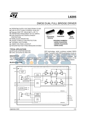 L6205PD datasheet - DMOS DUAL FULL BRIDGE DRIVER