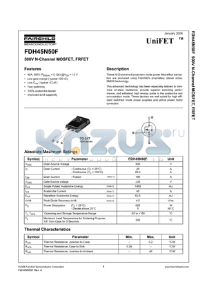 FDH45N50F datasheet - 500V N-Channel MOSFET, FRFET