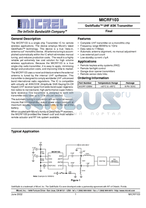 MICRF103 datasheet - QwikRadio UHF ASK Transmitter