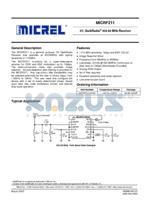 MICRF211 datasheet - 3V, QwikRadio^ 433.92 MHz Receiver
