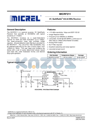 MICRF211AYQS datasheet - 3V, QwikRadio^ 433.92 MHz Receiver