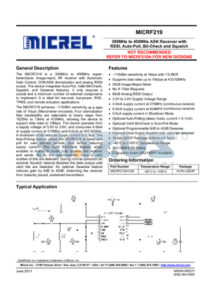 MICRF219 datasheet - 300MHz to 450MHz ASK Receiver with RSSI, Auto-Poll, Bit-Che