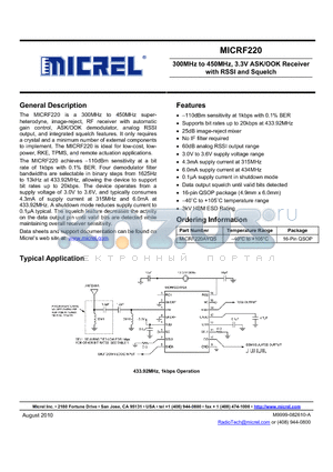 MICRF220 datasheet - 300MHz to 450MHz, 3.3V ASK/OOK Receiver with RSSI and Squelch