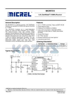 MICRF213AYQS datasheet - 3.3V, QwikRadio 315MHz Receiver